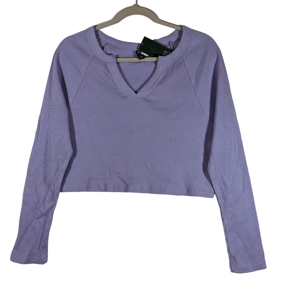 Wild Fable Cropped Shirt Small Split Neck Long Sleeves Waffle Boxy TShirt Purple